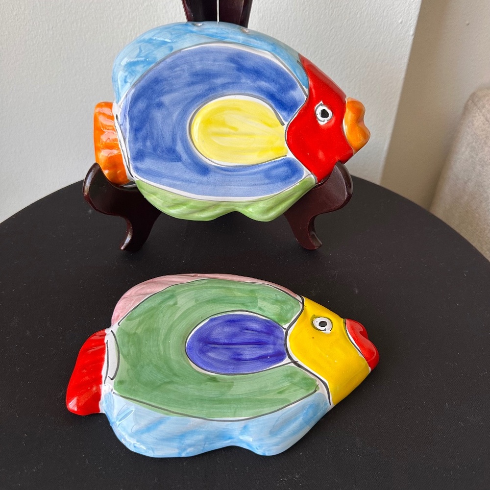 Set of 2 LA MUSA Italy Hand Painted Ceramic Fish Colorful MCM Wall Plaques Set 3